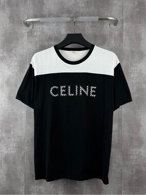 🚩steal Celine Black and White Logo Colorblock Short Sleeve Tee